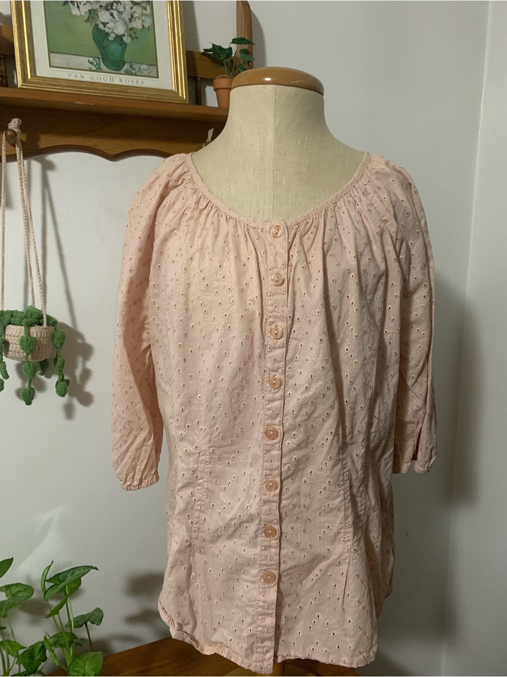 a.n.a. Gypsy Boho Prairiecore Eyelet Lace Pink and Gold Metallic Blouse M